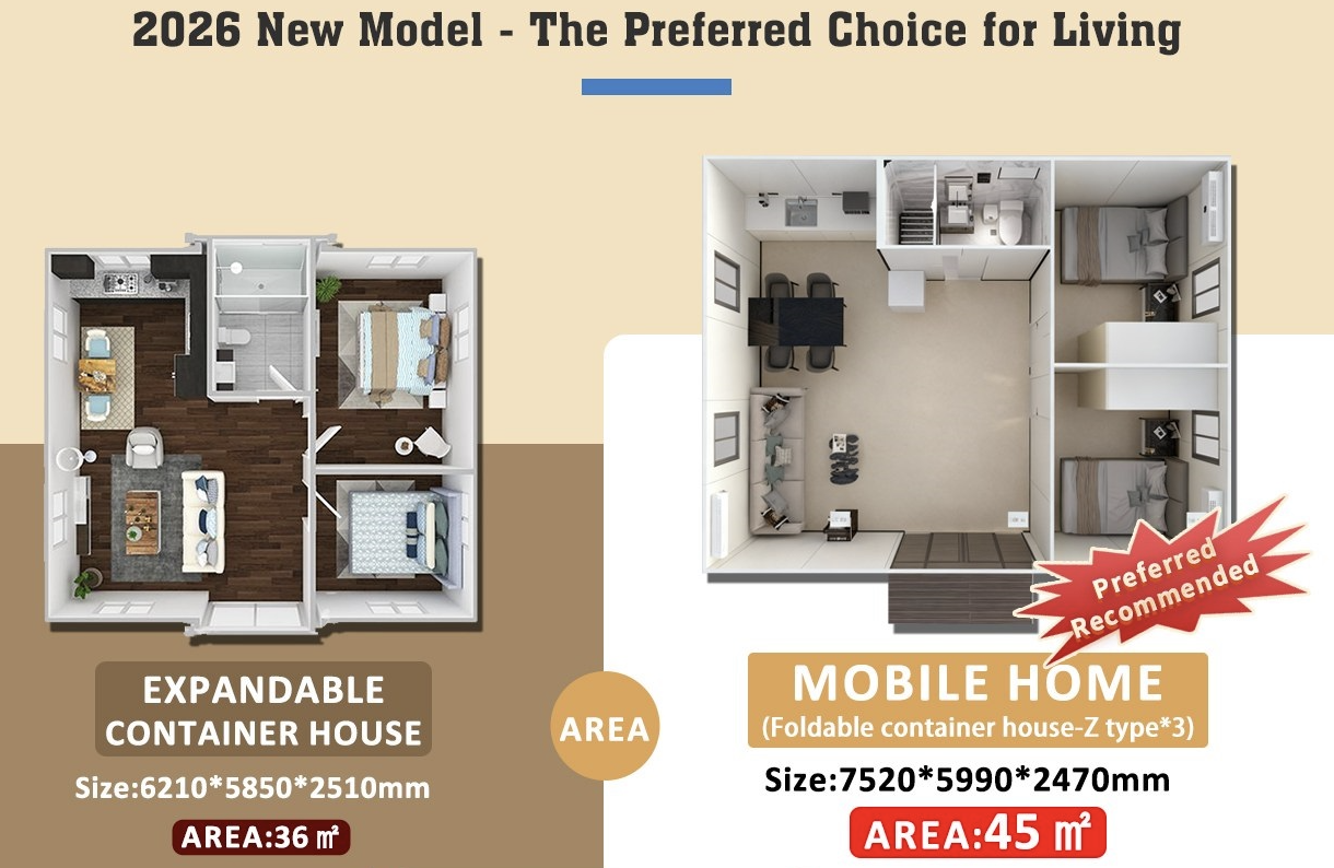 Mobile Home vs Expandable Container House A modern Mobile Home next to an Expandable Container House