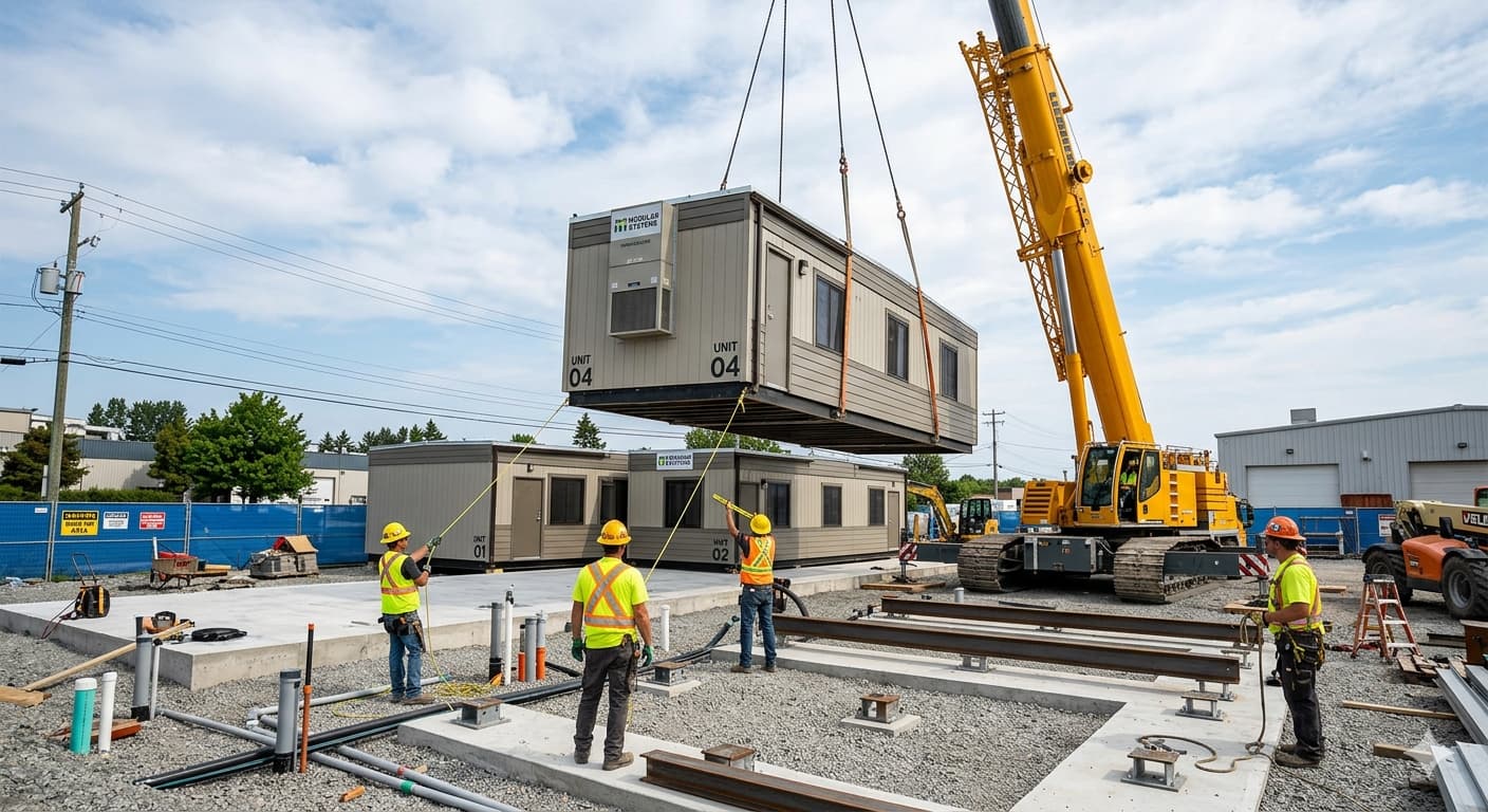 A modular building being quickly installed on a prepared site