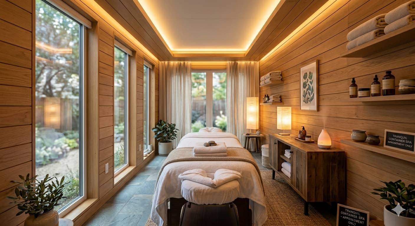 The cozy and well-lit interior of a shipping container massage room with wood paneling