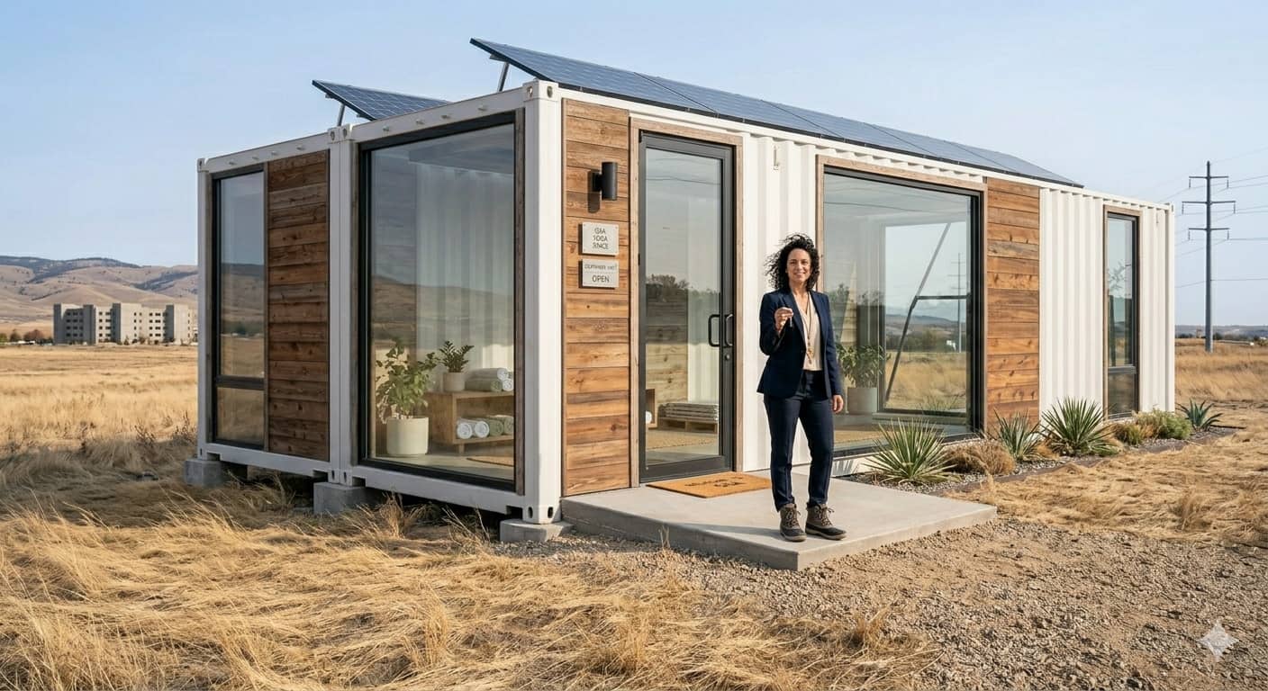 A modern prefab house standing strong in a windy, open landscape