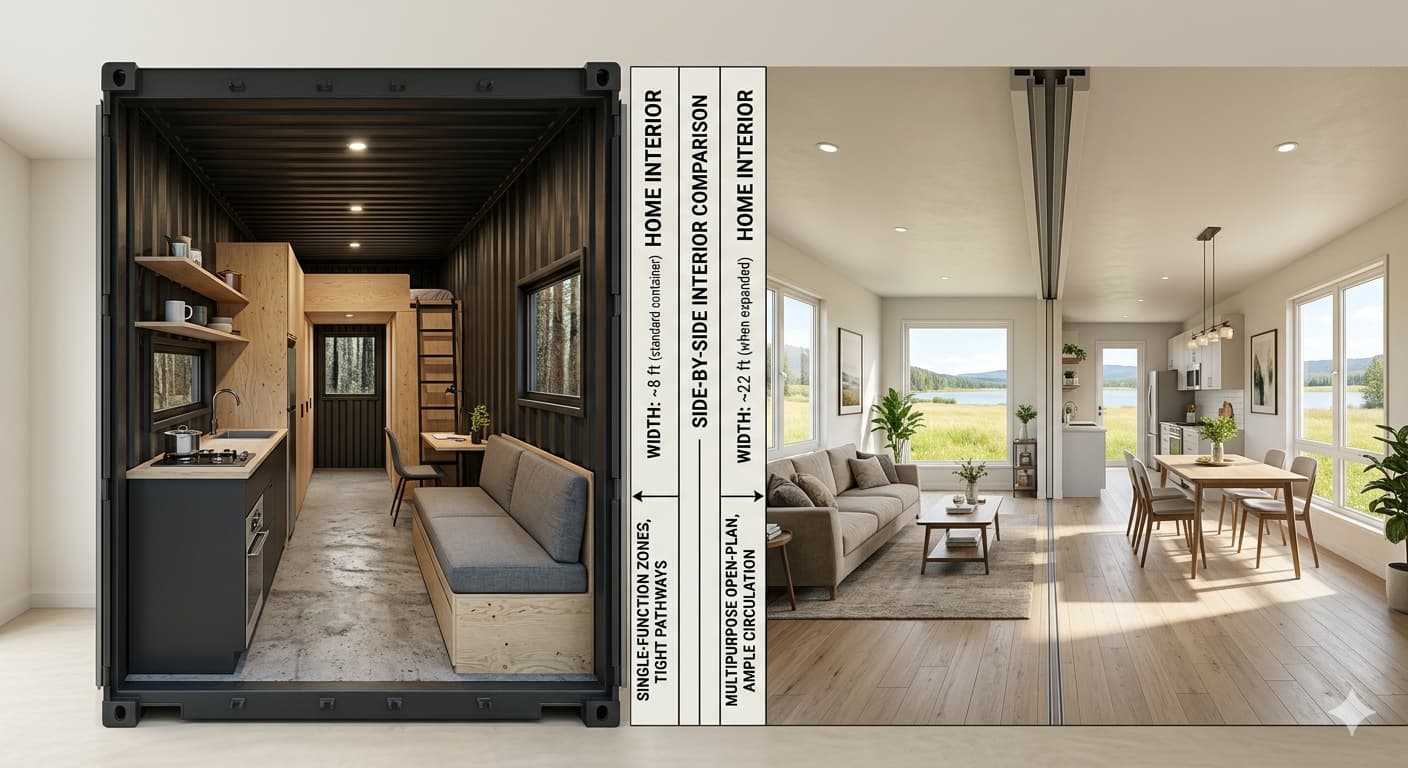 Side-by-side comparison of a narrow container home interior and a wide expandable home interior