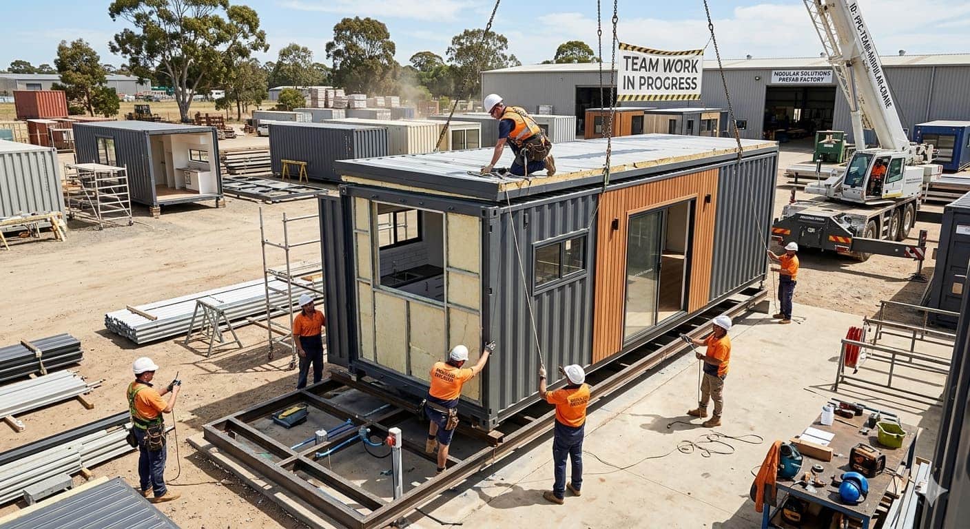 A modular container home being assembled by a factory team